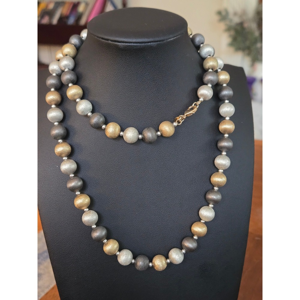 Monet Strand Silver Gold Black Bead Necklace 30" Matte Finish Gold Tone Accents
